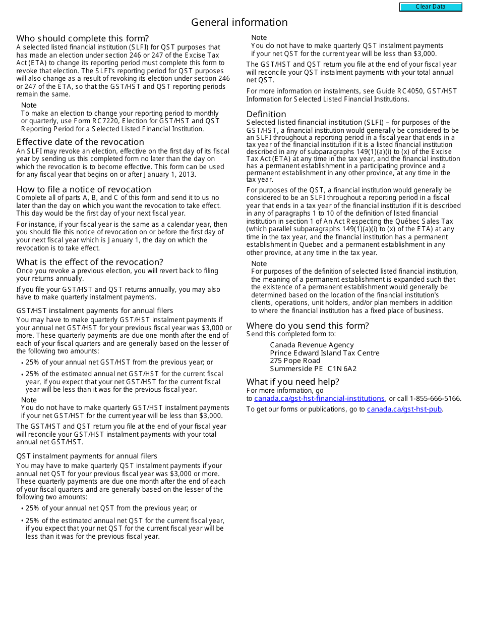 Form RC7220-1 Notice of Revocation of an Election for Gst / Hst and Qst Reporting Period by a Selected Listed Financial Institution - Canada, Page 2