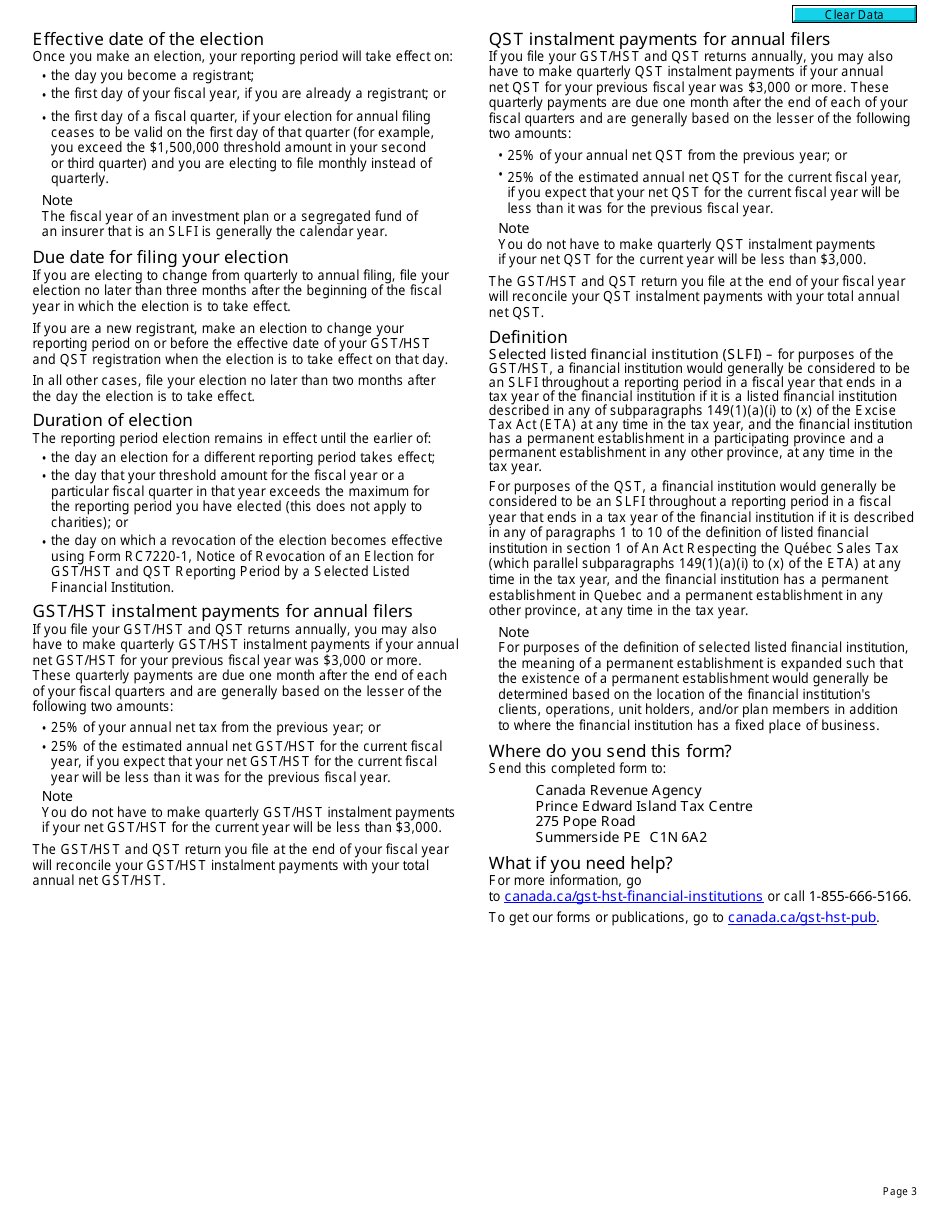 Form RC7220 Election for Gst / Hst and Qst Reporting Period for a Selected Listed Financial Institution - Canada, Page 3