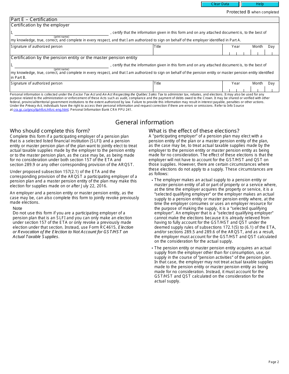 Form RC7215 Elections or Revocation of the Elections to Not Account for Gst / Hst and Qst on Actual Taxable Supplies for Participating Employers That Are Selected Listed Financial Institutions - Canada, Page 2