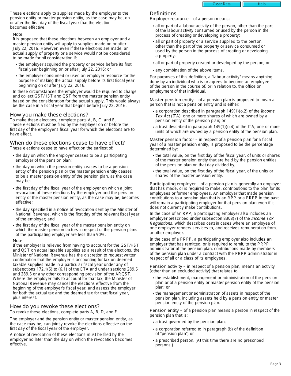 Form RC7215 Elections or Revocation of the Elections to Not Account for Gst / Hst and Qst on Actual Taxable Supplies for Participating Employers That Are Selected Listed Financial Institutions - Canada, Page 3