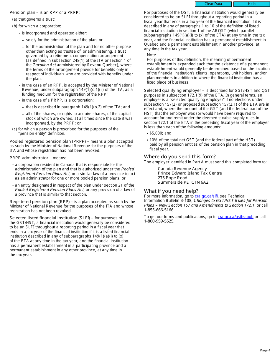 Form RC7215 Elections or Revocation of the Elections to Not Account for Gst / Hst and Qst on Actual Taxable Supplies for Participating Employers That Are Selected Listed Financial Institutions - Canada, Page 4