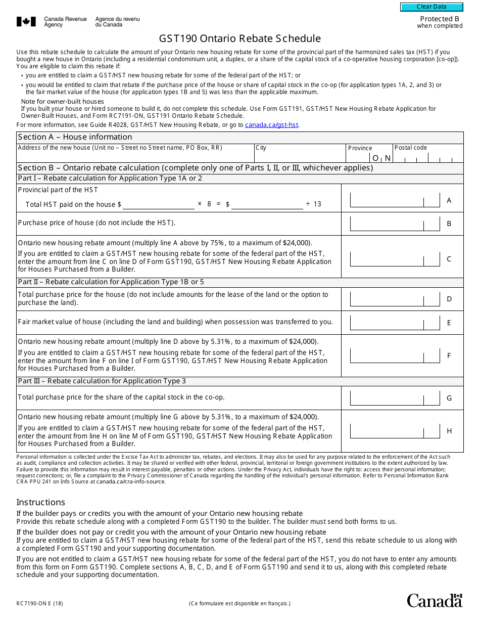 Form RC7190-ON Gst190 Ontario Rebate Schedule - Canada, Page 1