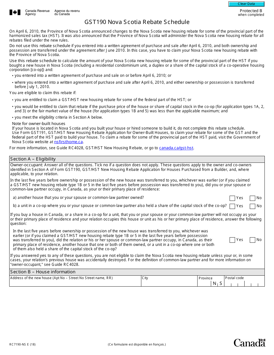 Form RC7190-NS Gst190 Nova Scotia Rebate Schedule - Canada, Page 1