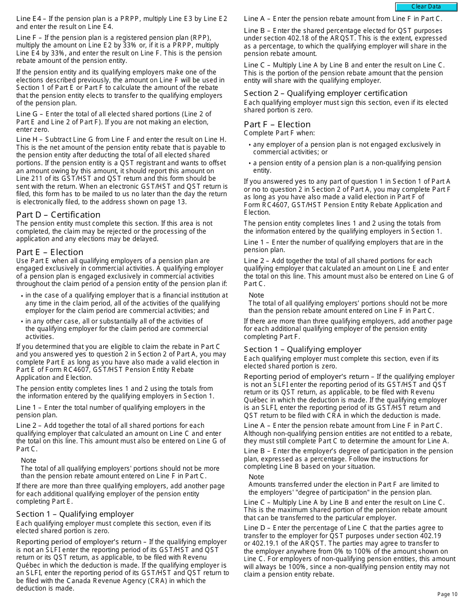 Form RC7207-1 Qst Rebate Application and Election for Pension Entities That Are Selected Listed Financial Institutions for Gst / Hst Purposes Only - Canada, Page 10