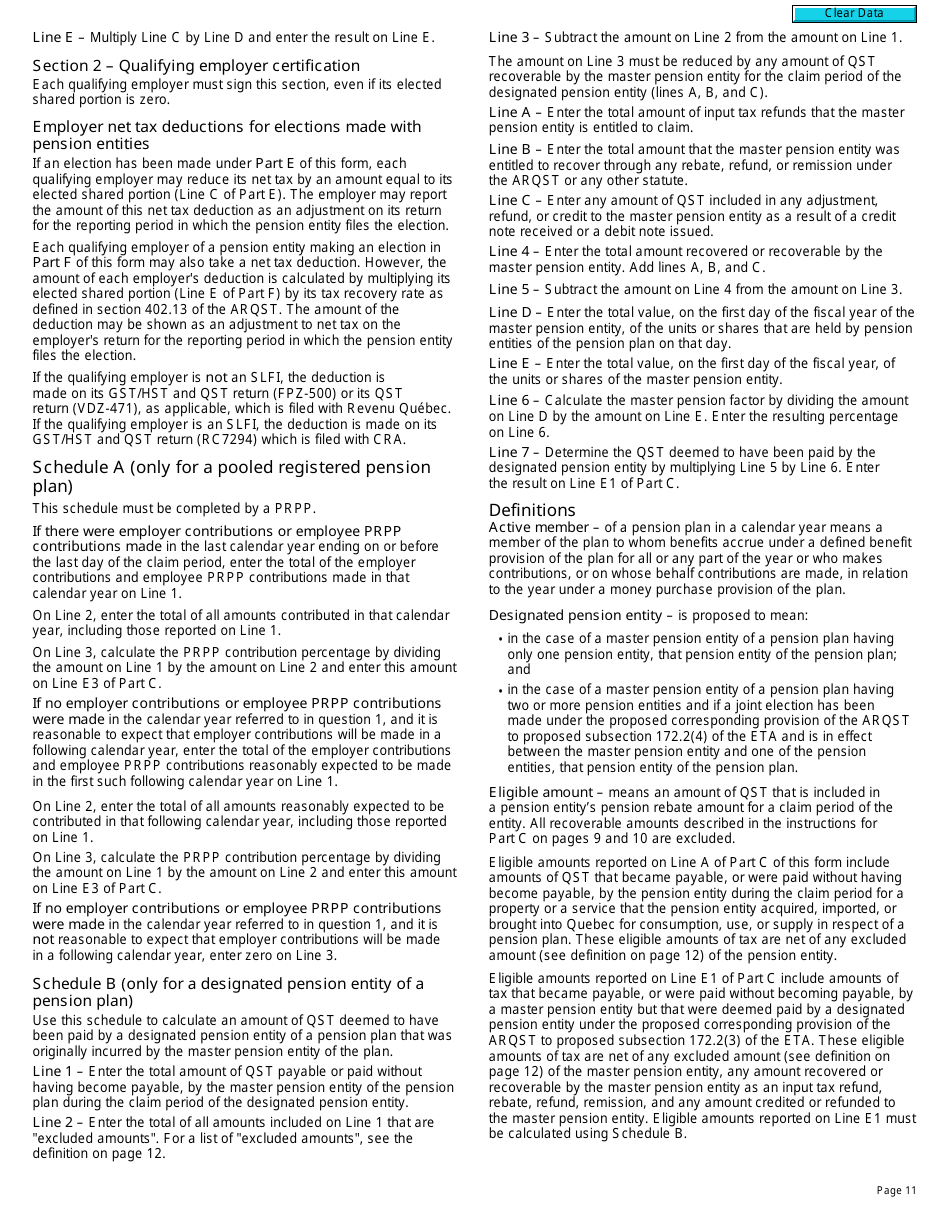 Form RC7207-1 Qst Rebate Application and Election for Pension Entities That Are Selected Listed Financial Institutions for Gst / Hst Purposes Only - Canada, Page 11