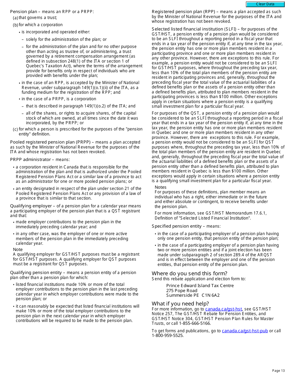 Form RC7207-1 Qst Rebate Application and Election for Pension Entities That Are Selected Listed Financial Institutions for Gst / Hst Purposes Only - Canada, Page 13