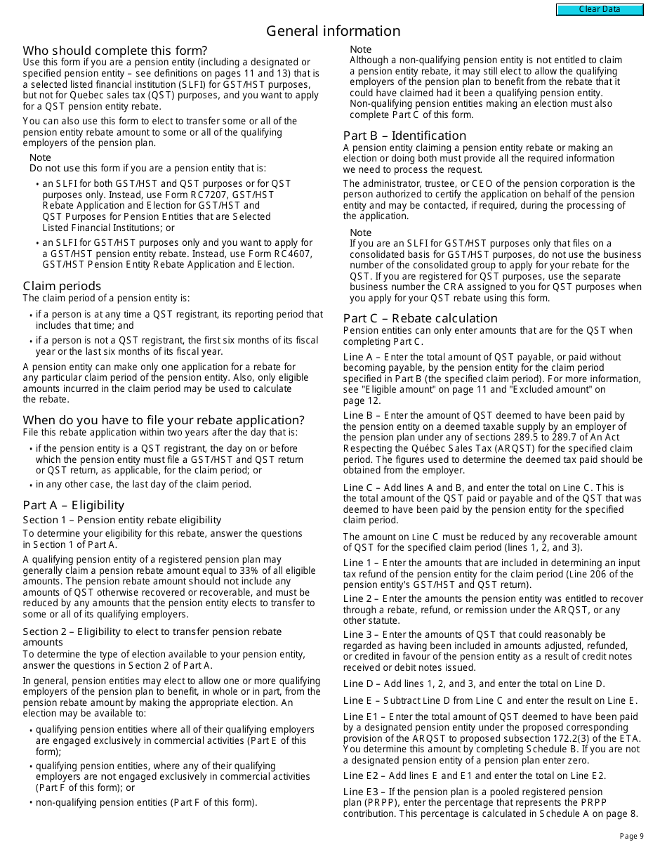 Form RC7207-1 Qst Rebate Application and Election for Pension Entities That Are Selected Listed Financial Institutions for Gst / Hst Purposes Only - Canada, Page 9