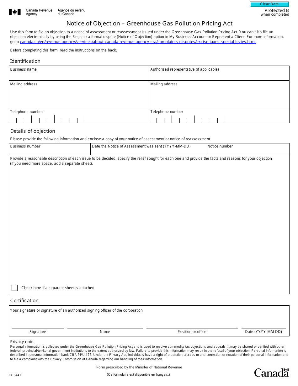 Form RC644 Notice of Objection - Greenhouse Gas Pollution Pricing Act - Canada, Page 1