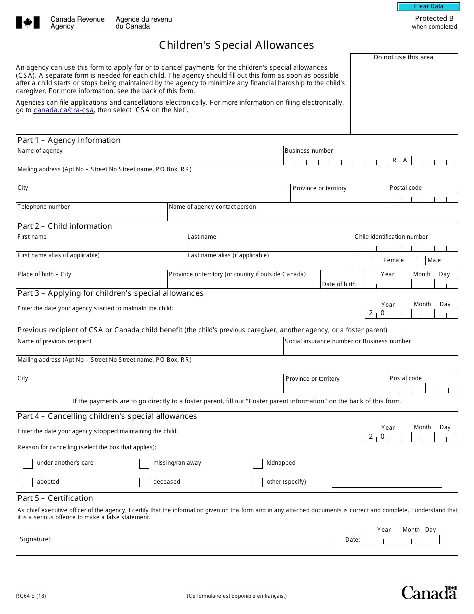 Form RC64 Childrens Special Allowances - Canada, Page 1