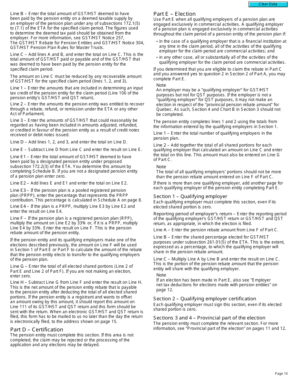 Form R7207 Gst / Hst Rebate Application and Election for Gst / Hst and Qst Purposes for Pension Entities That Are Selected Listed Financial Institutions - Canada, Page 10