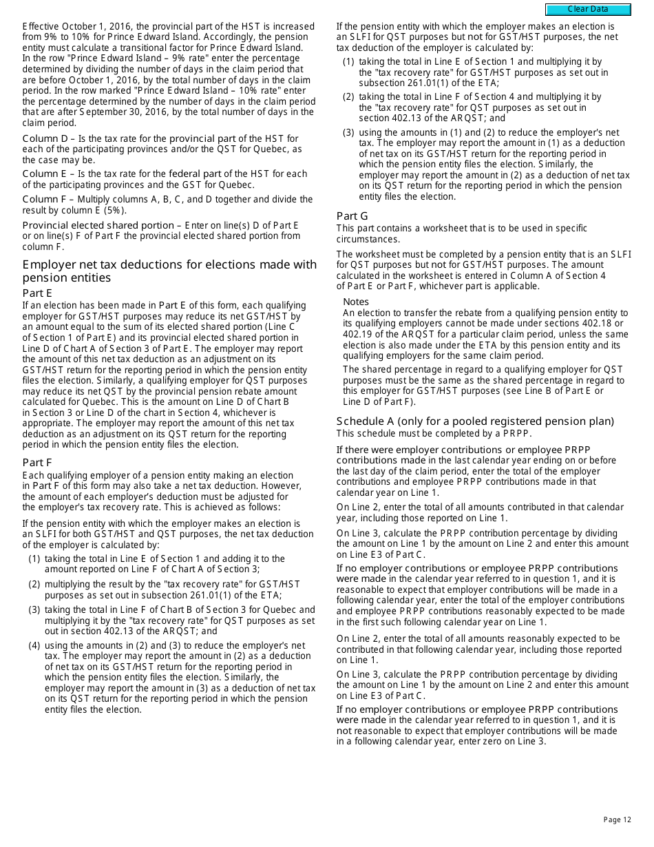 Form R7207 Gst / Hst Rebate Application and Election for Gst / Hst and Qst Purposes for Pension Entities That Are Selected Listed Financial Institutions - Canada, Page 12