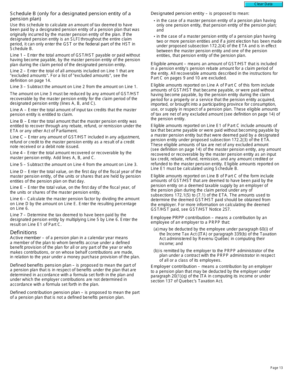 Form R7207 Gst / Hst Rebate Application and Election for Gst / Hst and Qst Purposes for Pension Entities That Are Selected Listed Financial Institutions - Canada, Page 13