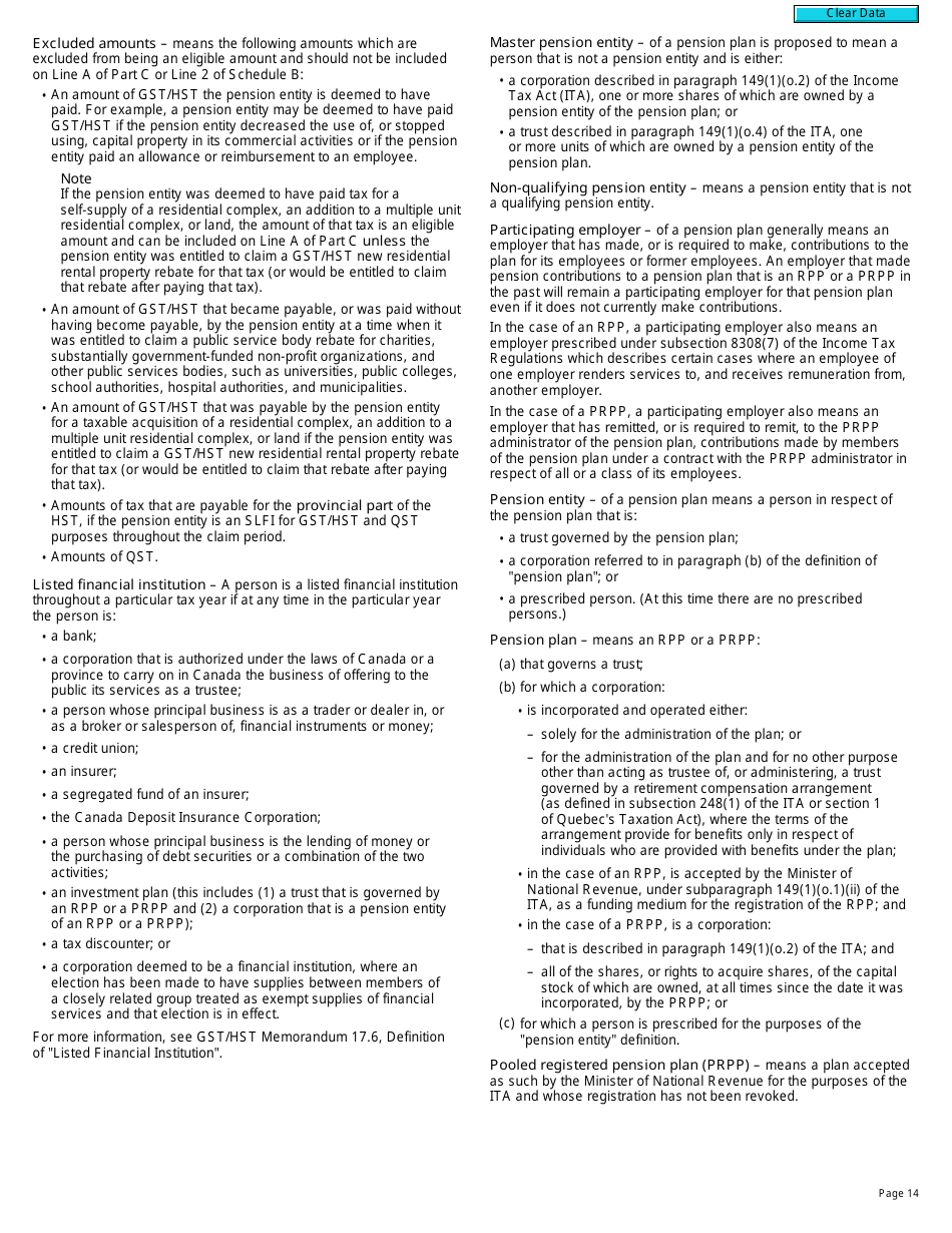 Form R7207 Gst / Hst Rebate Application and Election for Gst / Hst and Qst Purposes for Pension Entities That Are Selected Listed Financial Institutions - Canada, Page 14