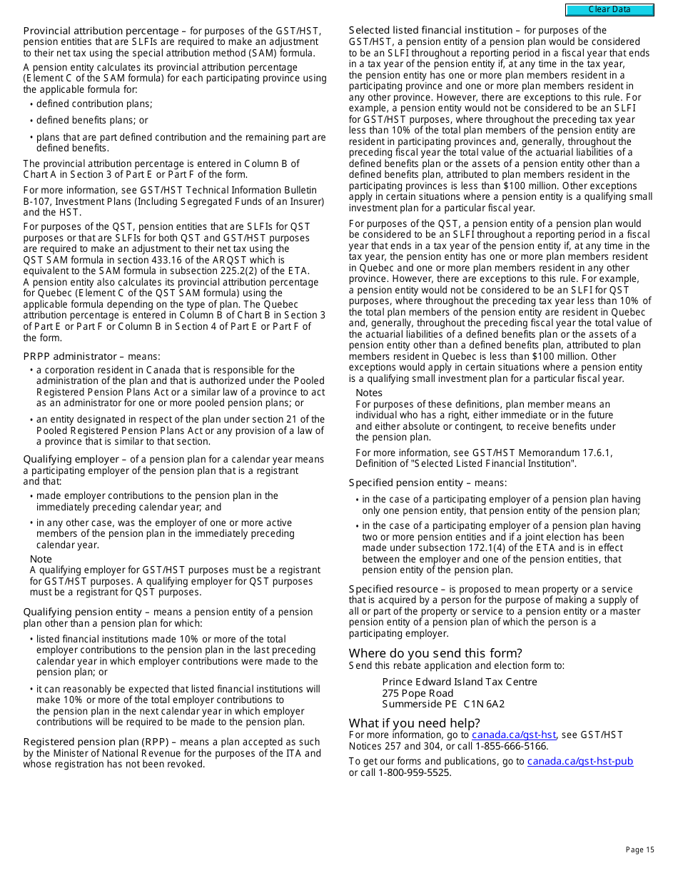Form R7207 Gst / Hst Rebate Application and Election for Gst / Hst and Qst Purposes for Pension Entities That Are Selected Listed Financial Institutions - Canada, Page 15