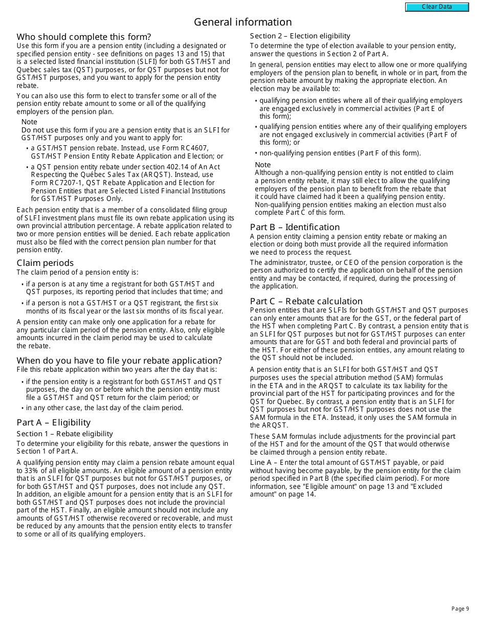 Form R7207 Gst / Hst Rebate Application and Election for Gst / Hst and Qst Purposes for Pension Entities That Are Selected Listed Financial Institutions - Canada, Page 9