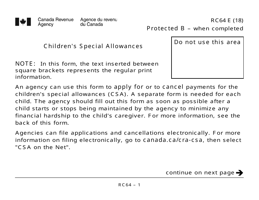 Form RC64 Children's Special Allowances - Large Print - Canada