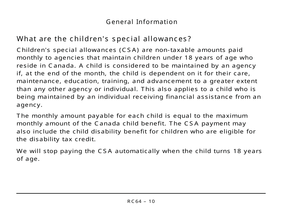 Form RC64 Childrens Special Allowances - Large Print - Canada, Page 10