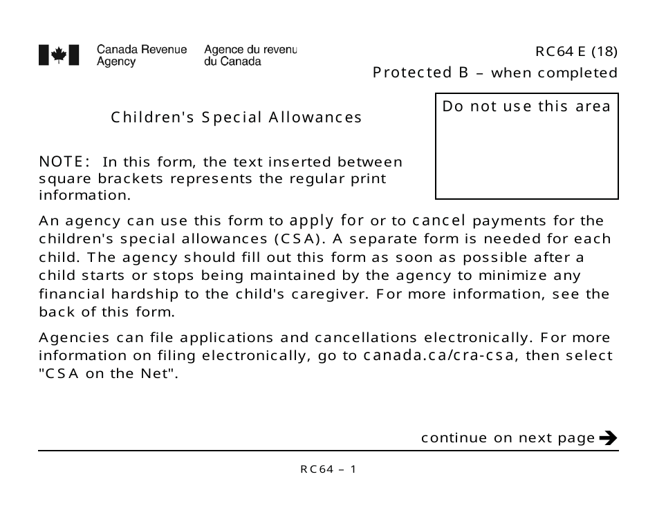 Form RC64 Childrens Special Allowances - Large Print - Canada, Page 1
