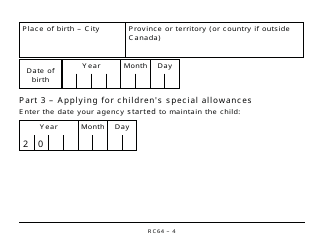 Form RC64 Children&#039;s Special Allowances - Large Print - Canada, Page 4