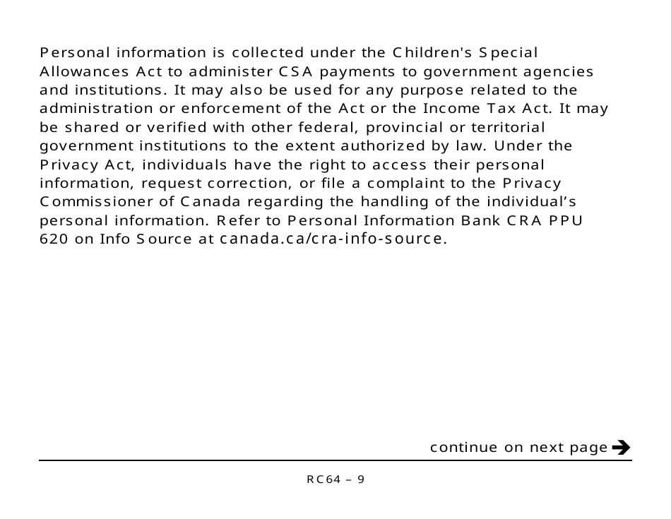 Form RC64 Childrens Special Allowances - Large Print - Canada, Page 9