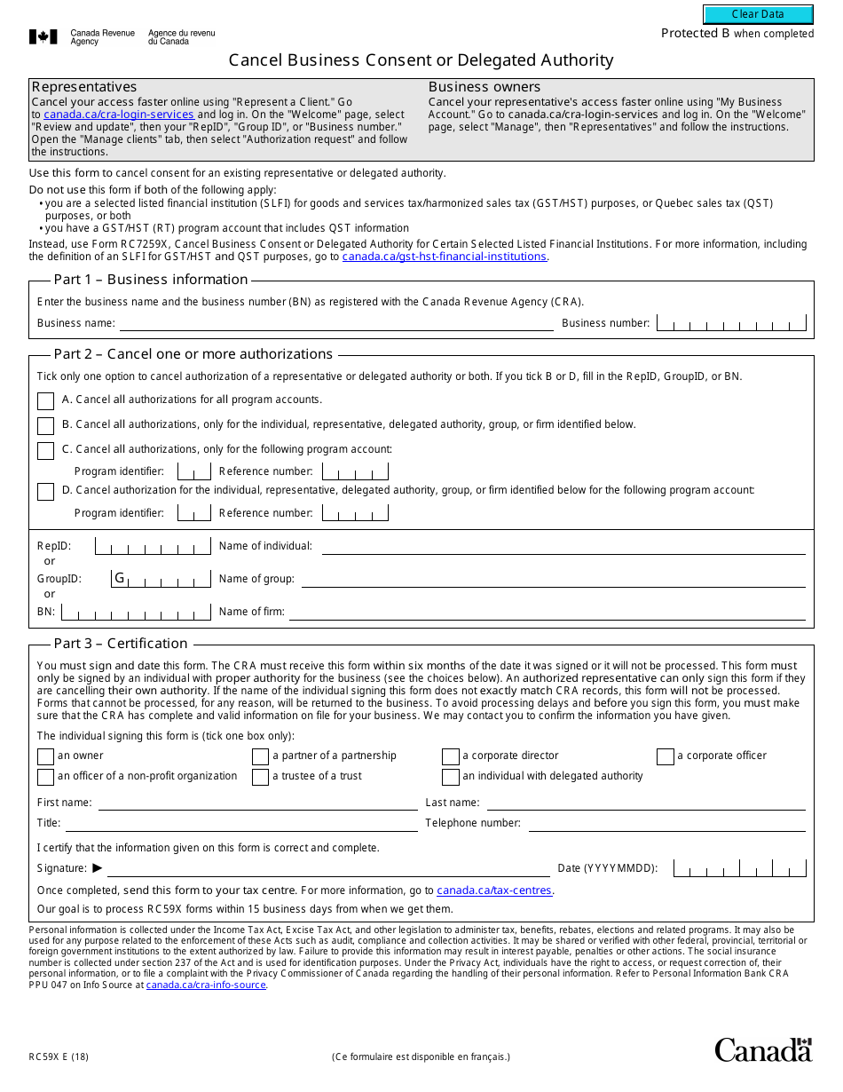 Form RC59X Cancel Business Consent or Delegated Authority - Canada, Page 1