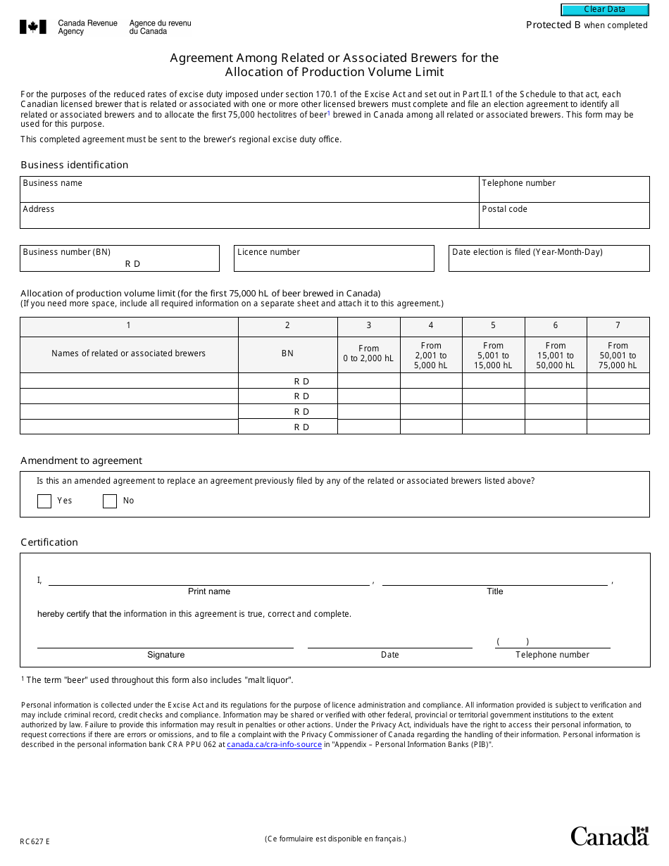 Form RC627 Agreement Among Related or Associated Brewers for the Allocation of Production Volume Limits - Canada, Page 1
