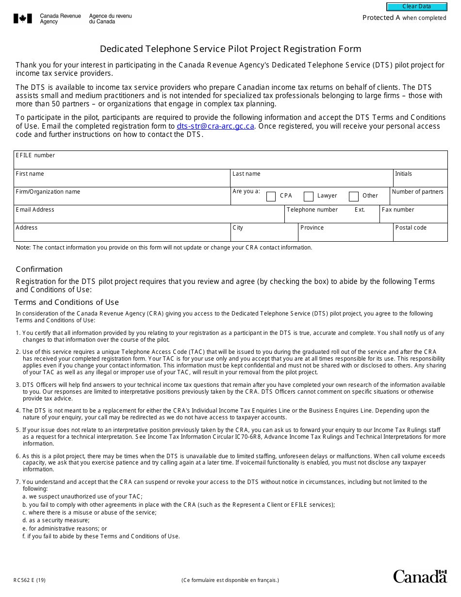 Form RC562 Dedicated Telephone Service Pilot Project Registration Form - Canada, Page 1