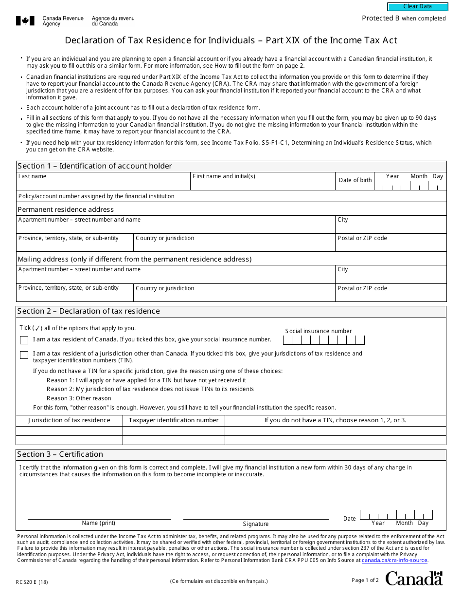 Form RC520 Declaration of Tax Residence for Individuals - Part Xix of the Income Tax Act - Canada, Page 1