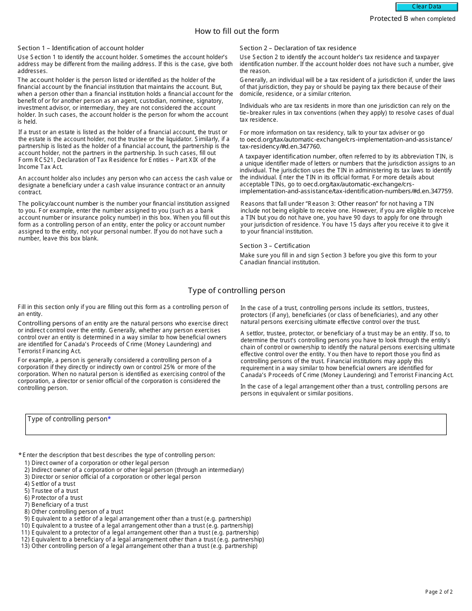 Form RC520 Declaration of Tax Residence for Individuals - Part Xix of the Income Tax Act - Canada, Page 2
