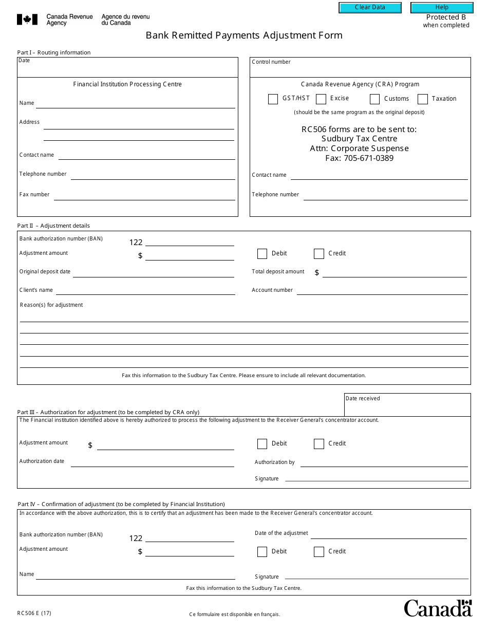 Form RC506 Bank Remitted Payments Adjustment Form - Canada, Page 1