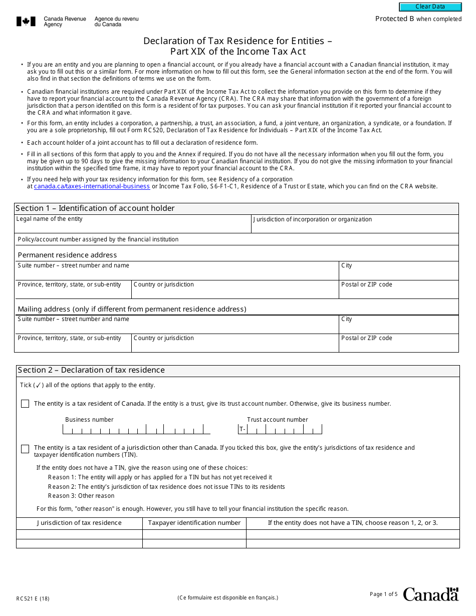 Form RC521 Declaration of Tax Residence for Entities - Part Xix of the Income Tax Act - Canada, Page 1