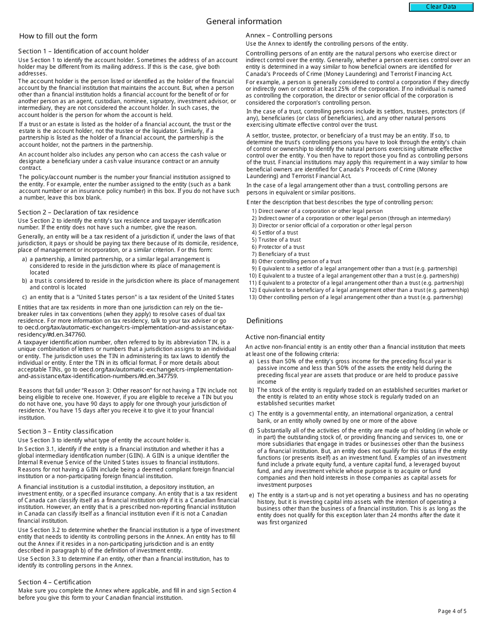 Form RC521 Declaration of Tax Residence for Entities - Part Xix of the Income Tax Act - Canada, Page 4