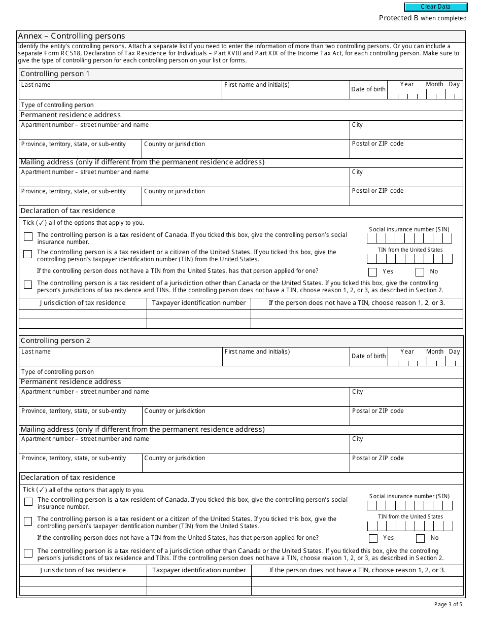 Form RC519 Declaration of Tax Residence for Entities - Part Xviii and Part Xix of the Income Tax Act - Canada, Page 3