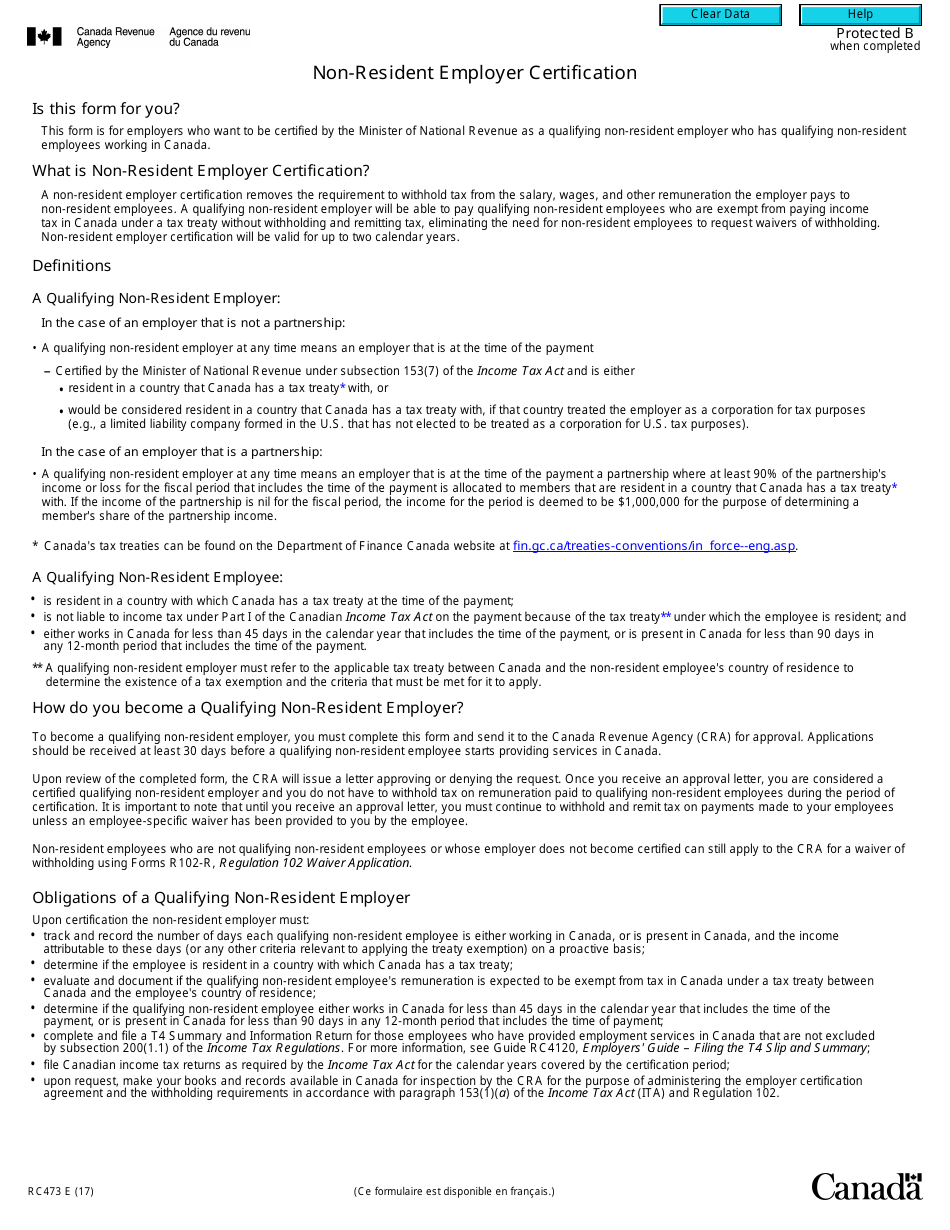 Form RC473 Non-resident Employer Certification - Canada, Page 1