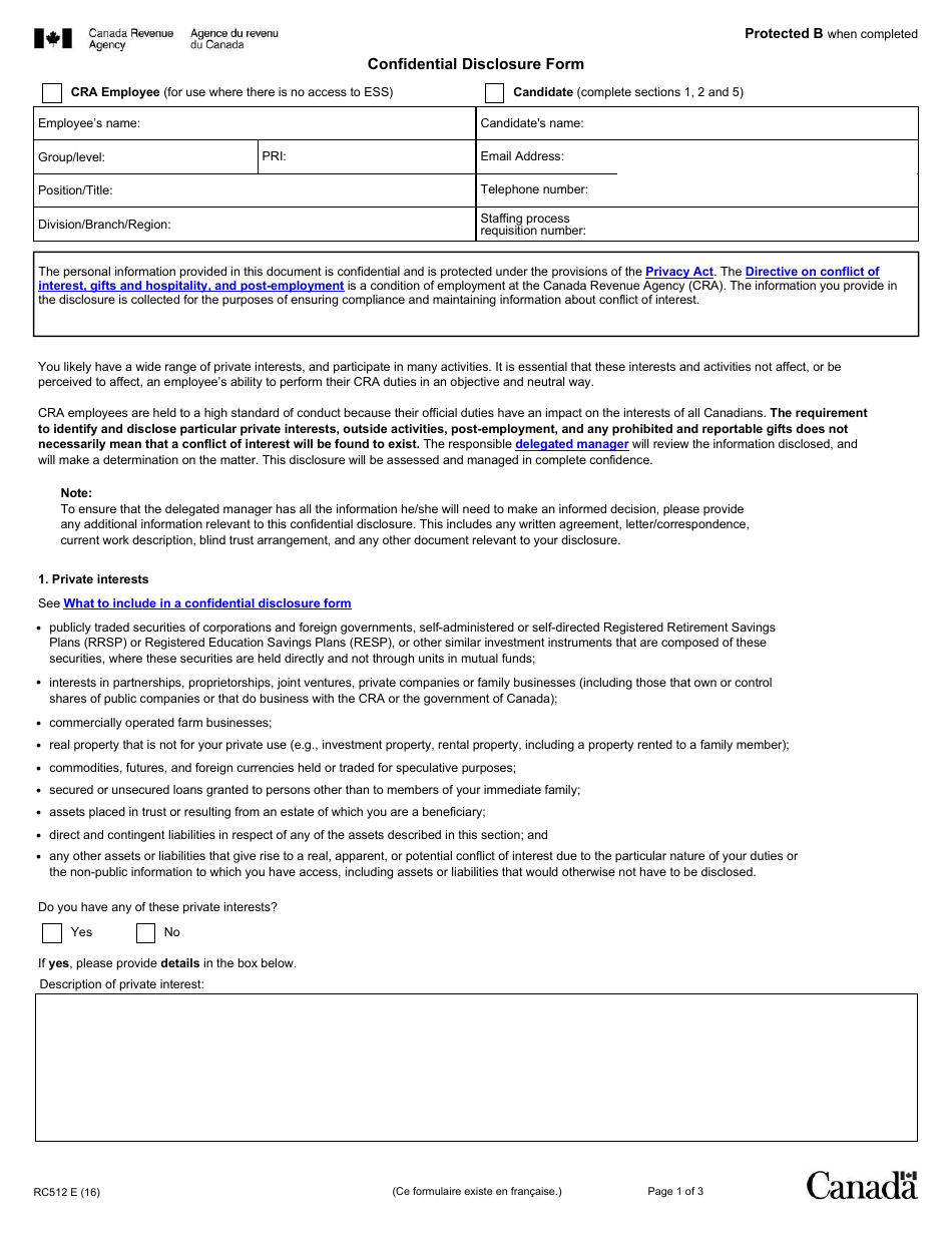 Form RC512 Confidential Disclosure Form - Canada, Page 1