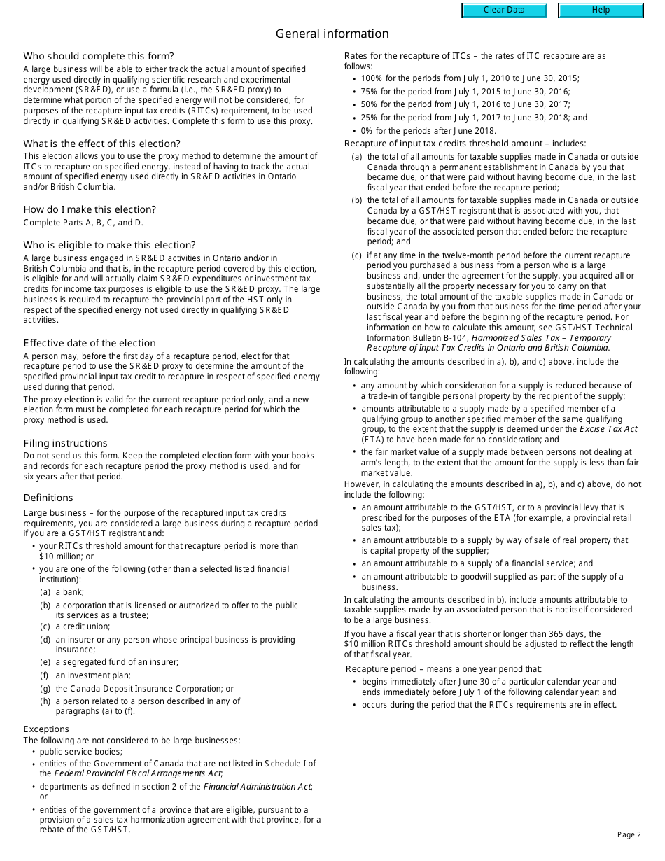 Form RC4613 Election to Use the Scientific Research and Experimental Developmental Proxy to Report the Recapture of Input Tax Credits - Canada, Page 2