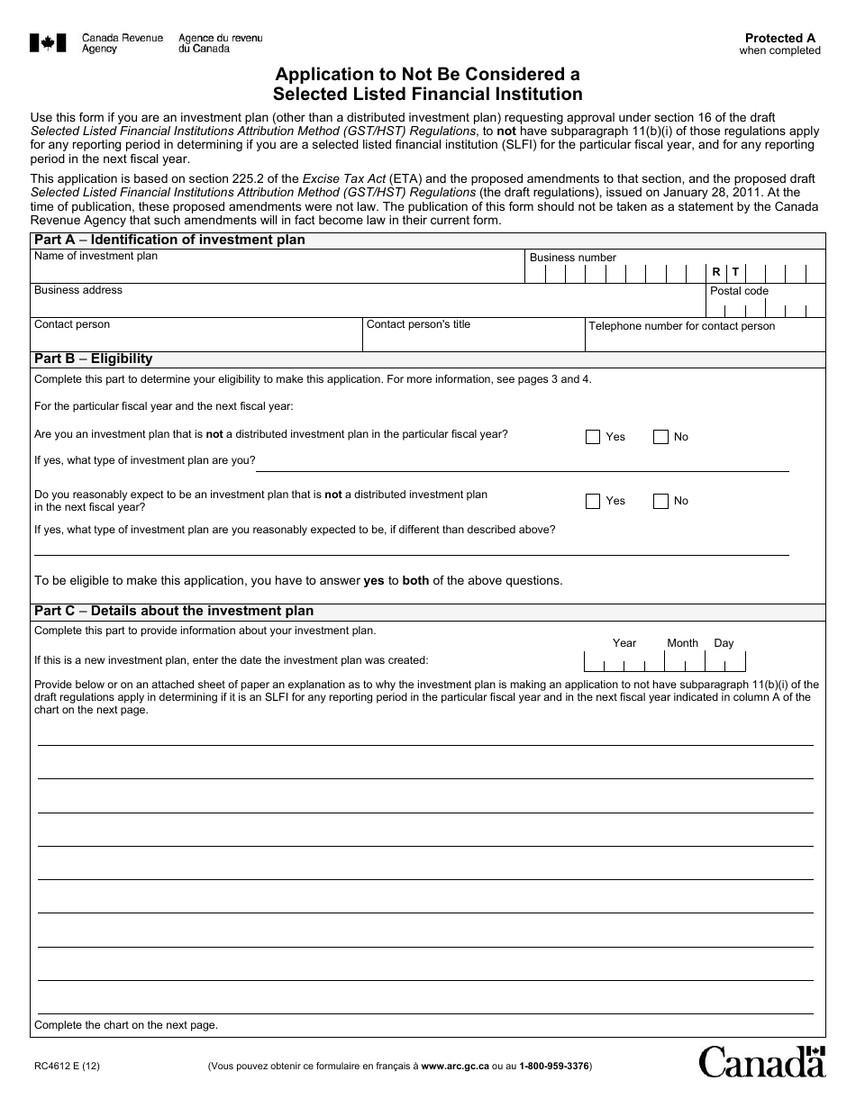 Form RC4612 Application to Not Be Considered a Selected Listed Financial Institution - Canada, Page 1