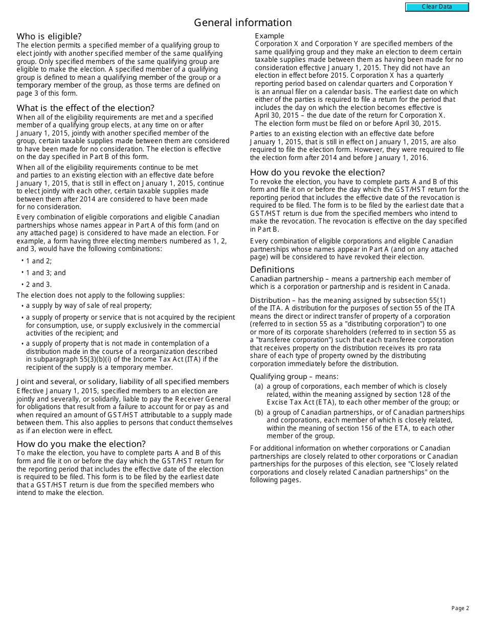 Form RC4616 Election or Revocation of an Election for Closely Related Corporations and / or Canadian Partnerships to Treat Certain Taxable Supplies as Having Been Made for Nil Consideration for Gst / Hst Purposes - Canada, Page 2