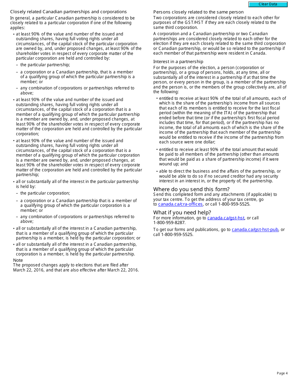 Form RC4616 Election or Revocation of an Election for Closely Related Corporations and / or Canadian Partnerships to Treat Certain Taxable Supplies as Having Been Made for Nil Consideration for Gst / Hst Purposes - Canada, Page 4
