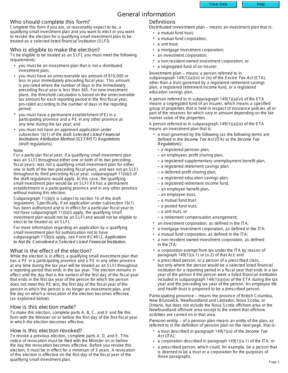 Form RC4606 Election or Revocation for a Qualifying Small Investment Plan to Be Treated as a Selected Listed Financial Institution - Canada, Page 2