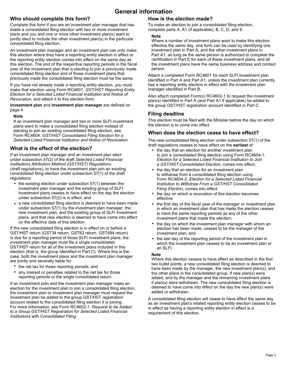 Form RC4604-1 Election for a Selected Listed Financial Institution to Join a Gst / Hst Consolidated Filing Election - Canada, Page 3