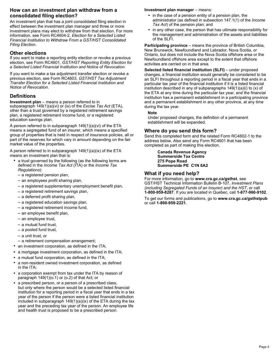 Form RC4604-1 Election for a Selected Listed Financial Institution to Join a Gst / Hst Consolidated Filing Election - Canada, Page 4
