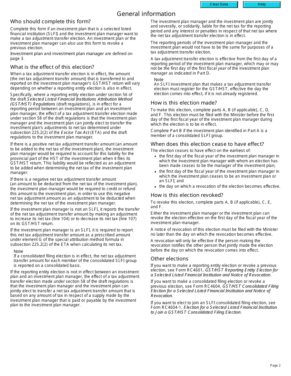 Form RC4603 Gst / Hst Tax Adjustment Transfer Election for a Selected Listed Financial Institution and Notice of Revocation - Canada, Page 2