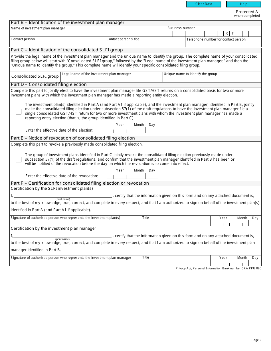 Form RC4604 Gst / Hst Consolidated Filing Election for a Selected Listed Financial Institution and Notice of Revocation - Canada, Page 2
