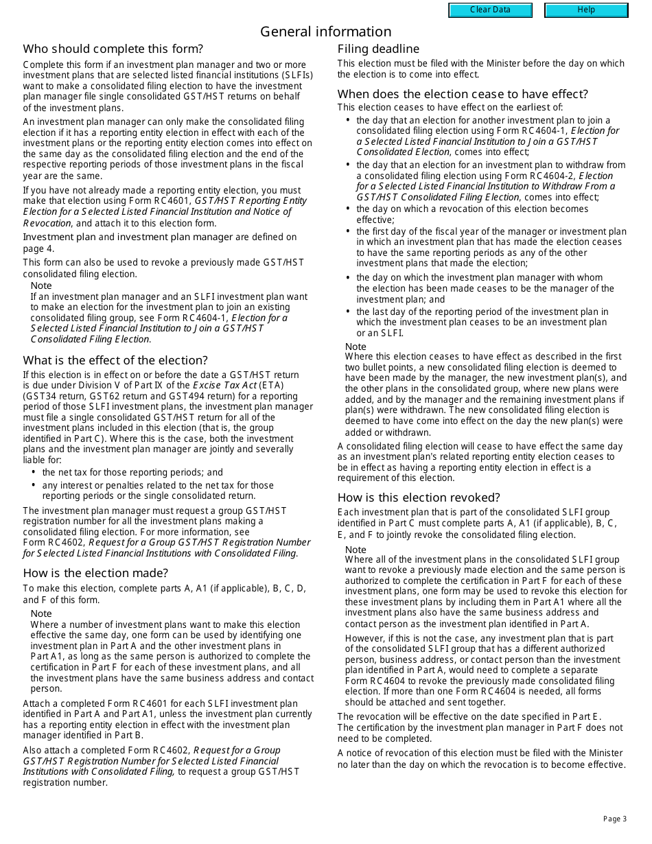 Form RC4604 Gst / Hst Consolidated Filing Election for a Selected Listed Financial Institution and Notice of Revocation - Canada, Page 3