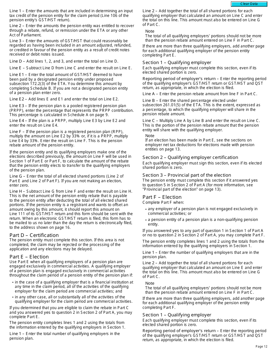 Form RC4607 Gst / Hst Pension Entity Rebate Application and Election - Canada, Page 12