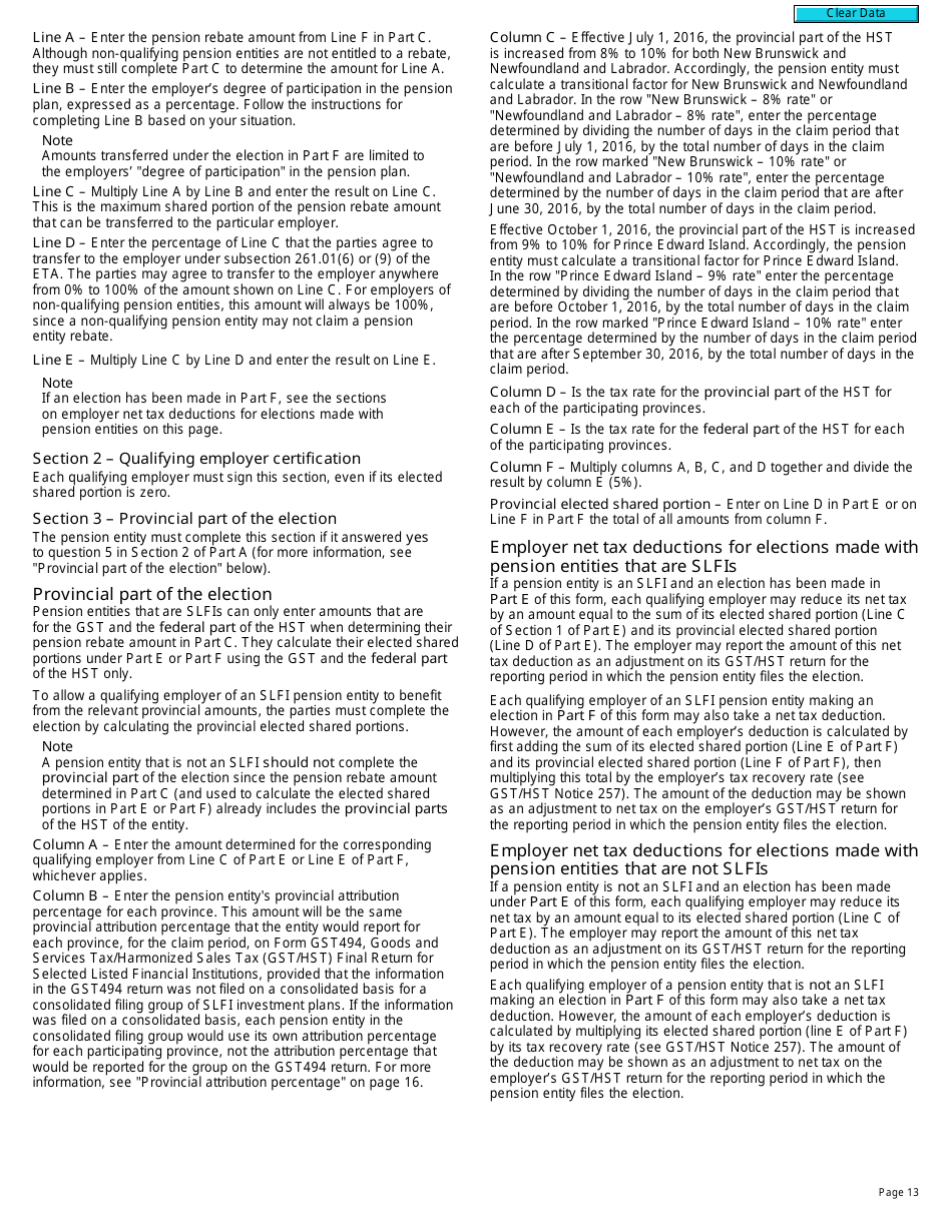 Form RC4607 Gst / Hst Pension Entity Rebate Application and Election - Canada, Page 13