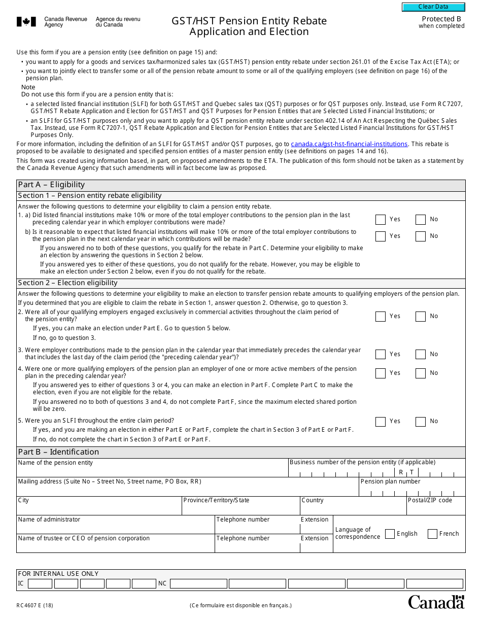 Form RC4607 Gst / Hst Pension Entity Rebate Application and Election - Canada, Page 1