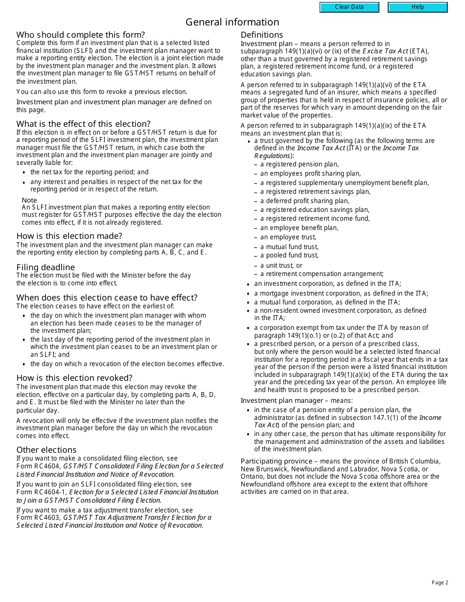 Form RC4601 Gst / Hst Reporting Entity Election for a Selected Listed Financial Institution and Notice of Revocation - Canada, Page 2