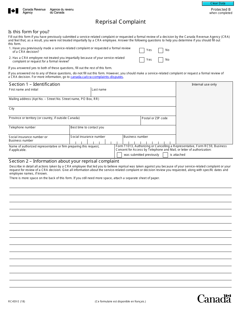 Form RC459 Reprisal Complaint - Canada, Page 1